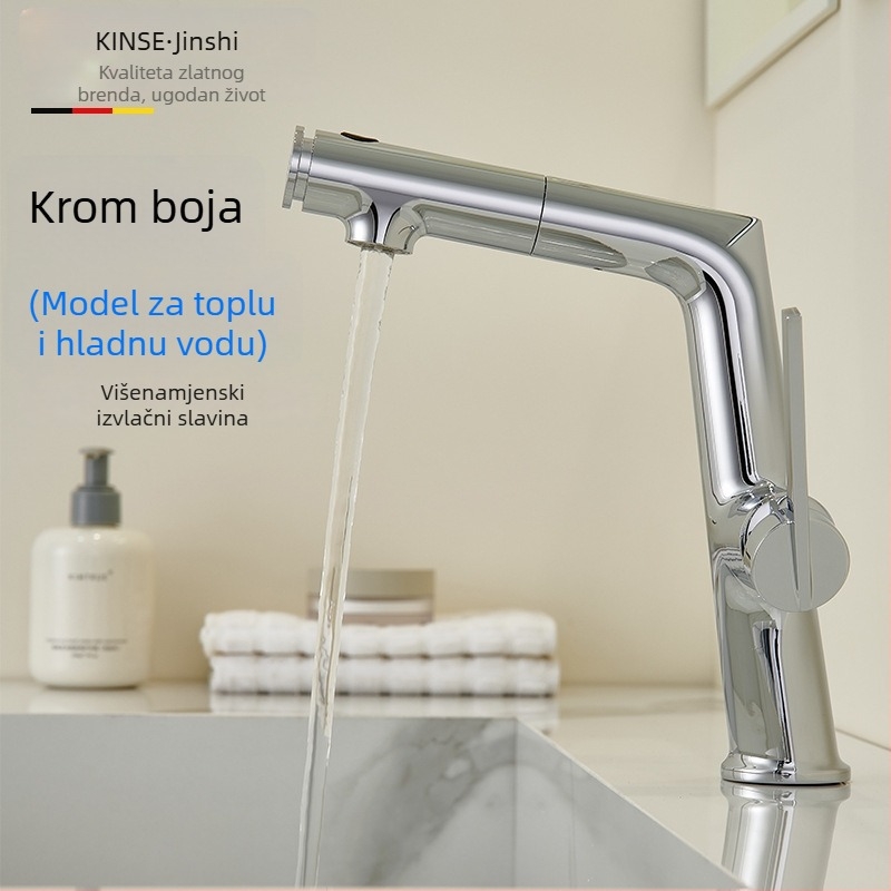 Izvlačna slavina za umivaonik s keramičkim diskom ventila, bakarna legura, podizni mehanizam, jednostavna konstrukcija