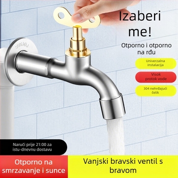 Nehrđajući čelični zidni faucet s ključem, produženi dizajn, za perilicu rublja i vanjsku uporabu — model JSP000; 4-dijelni navojni spoj; keramički disk ventil; pogodno i za unutarnje i za vanjske prostore; brušeni završni sloj.