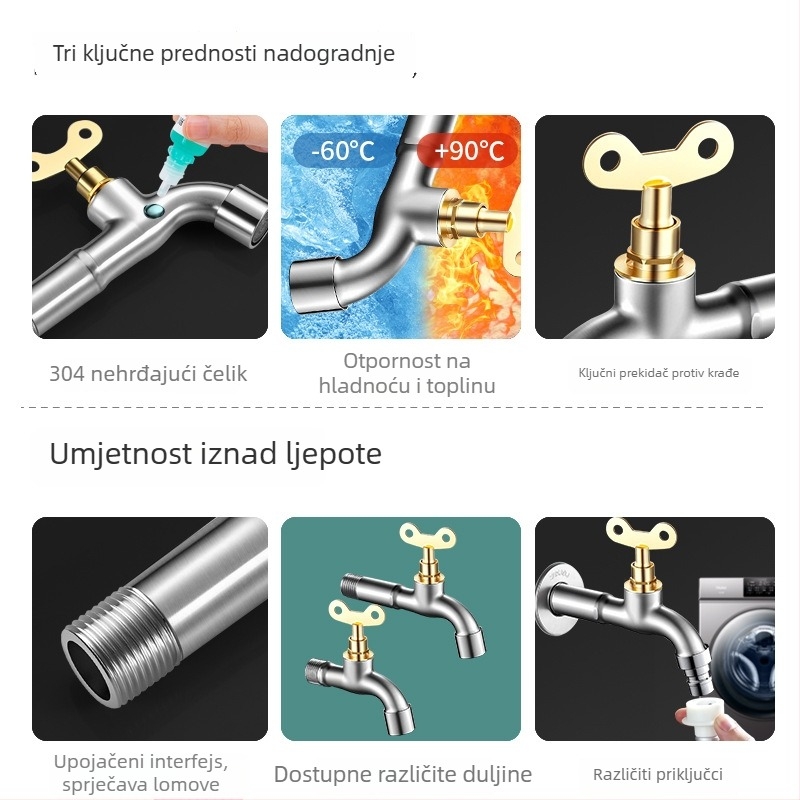 Nehrđajući čelični zidni faucet s ključem, produženi dizajn, za perilicu rublja i vanjsku uporabu — model JSP000; 4-dijelni navojni spoj; keramički disk ventil; pogodno i za unutarnje i za vanjske prostore; brušeni završni sloj.