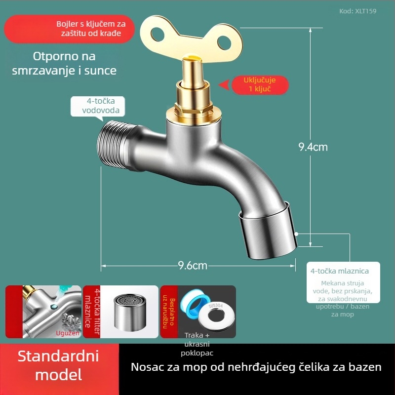 Nehrđajući čelični zidni faucet s ključem, produženi dizajn, za perilicu rublja i vanjsku uporabu — model JSP000; 4-dijelni navojni spoj; keramički disk ventil; pogodno i za unutarnje i za vanjske prostore; brušeni završni sloj.