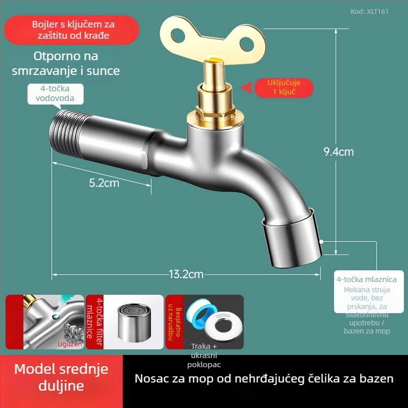 Nehrđajući čelični zidni faucet s ključem, produženi dizajn, za perilicu rublja i vanjsku uporabu — model JSP000; 4-dijelni navojni spoj; keramički disk ventil; pogodno i za unutarnje i za vanjske prostore; brušeni završni sloj.
