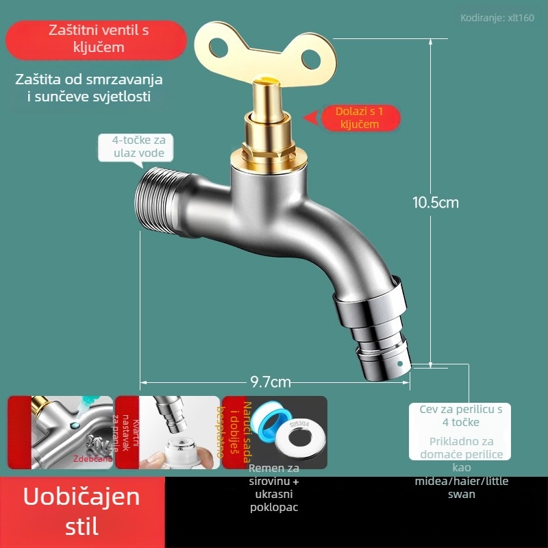 Nehrđajući čelični zidni faucet s ključem, produženi dizajn, za perilicu rublja i vanjsku uporabu — model JSP000; 4-dijelni navojni spoj; keramički disk ventil; pogodno i za unutarnje i za vanjske prostore; brušeni završni sloj.