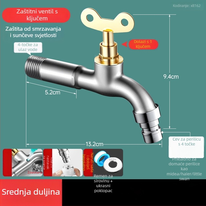 Nehrđajući čelični zidni faucet s ključem, produženi dizajn, za perilicu rublja i vanjsku uporabu — model JSP000; 4-dijelni navojni spoj; keramički disk ventil; pogodno i za unutarnje i za vanjske prostore; brušeni završni sloj.