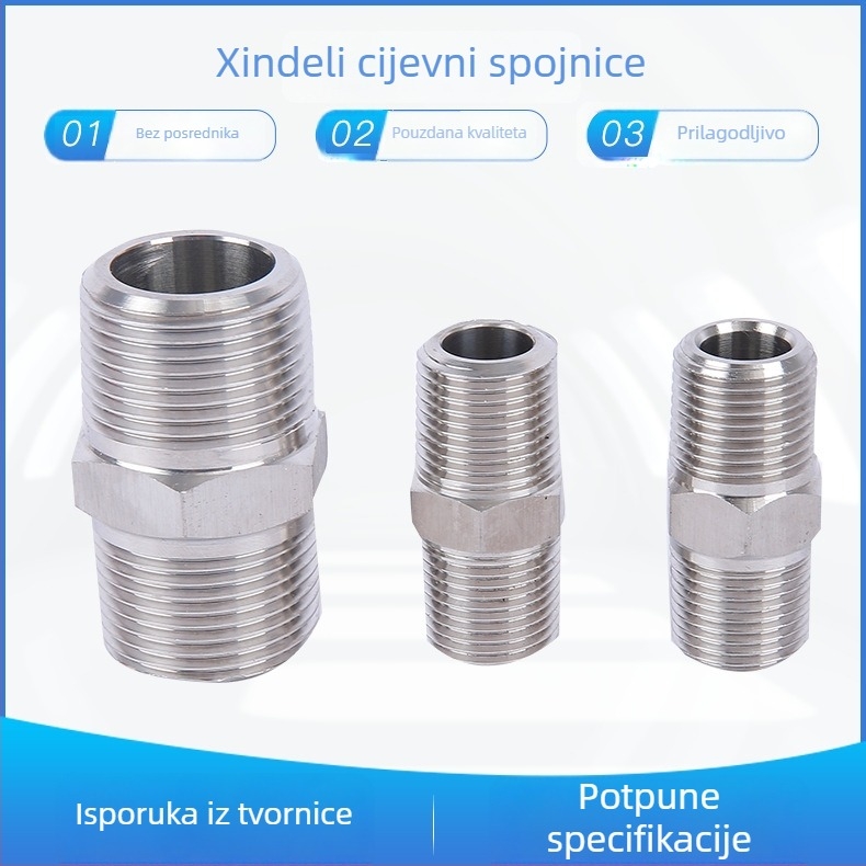 Spoj od nehrđajućeg čelika s vanjskim i unutarnjim navojem, šesterokutni vanjski navoj, dvostruki završni spoj, visokotlačni odljev, debljina stijene prilagodljiva