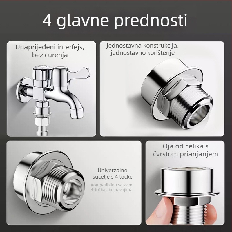 Adapter za slavinu perilice rublja, snap-on protiv ispadanja, četverostruki navoj, ABS, univerzalni