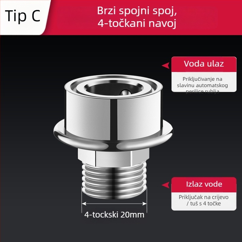Adapter za slavinu perilice rublja, snap-on protiv ispadanja, četverostruki navoj, ABS, univerzalni
