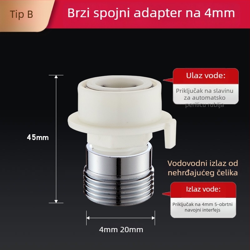 Adapter za slavinu perilice rublja, snap-on protiv ispadanja, četverostruki navoj, ABS, univerzalni