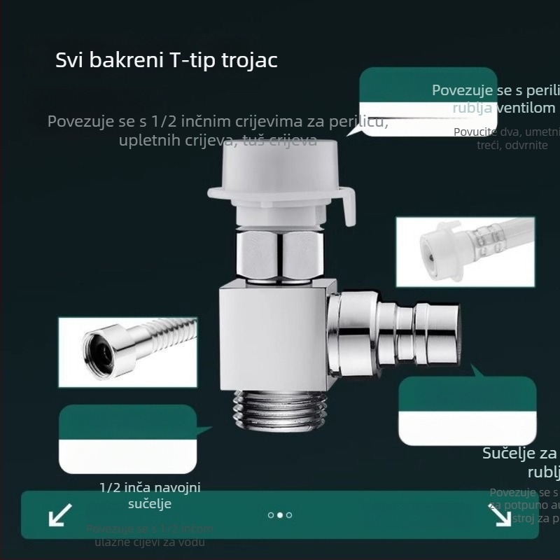 Priključak za ulaz vode za perilicu s podjelom 1-2, tijelo od bakra, keramički disk ventil, jednodijelni dizajn, CE potvrda