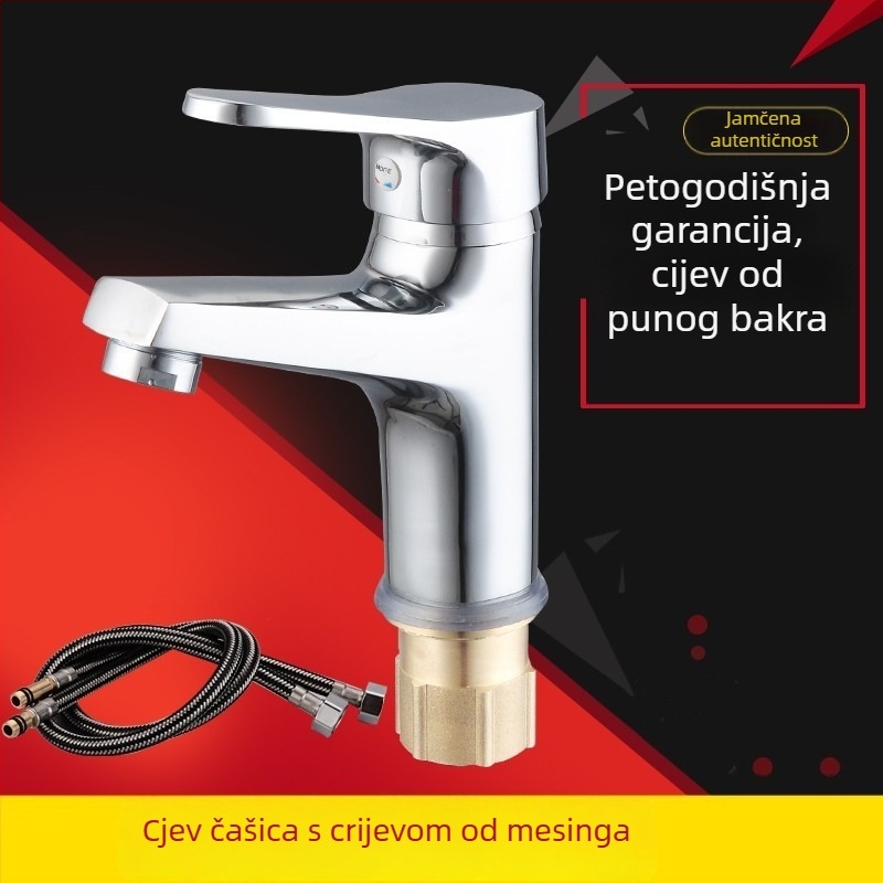 Slavina za umivaonik – bakrena, miješati tip, instalacija s jednim otvorom, keramički kartridžni ventil, elektroplatinirani završni sloj, model 16007