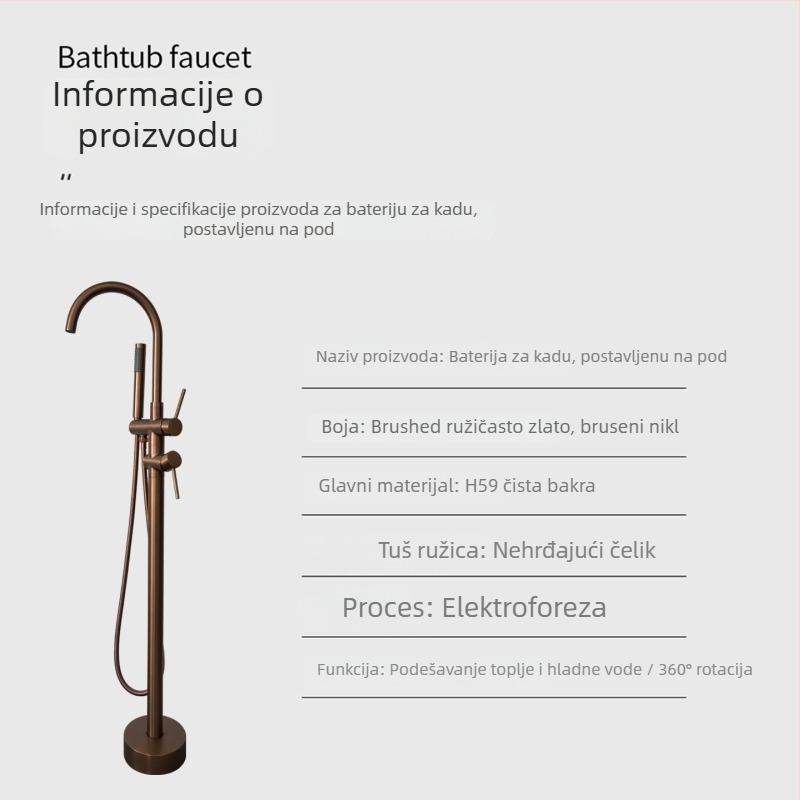 Set slavine za kadu s rotirajućom stupastom tuš-funkcijom, model 61005, bakar, 0–50 °C, 0,1–1,5 MPa, ugradnja + fiksna baza