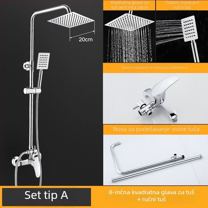 Tuš set od mjedi, zidna montaža, četvrtastog oblika gornjeg mlaza, elektroplatirani završni sloj, dvostruka kontrola toplu i hladnu vode, model LD-SH0030