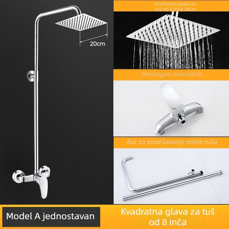 Tuš set od mjedi, zidna montaža, četvrtastog oblika gornjeg mlaza, elektroplatirani završni sloj, dvostruka kontrola toplu i hladnu vode, model LD-SH0030