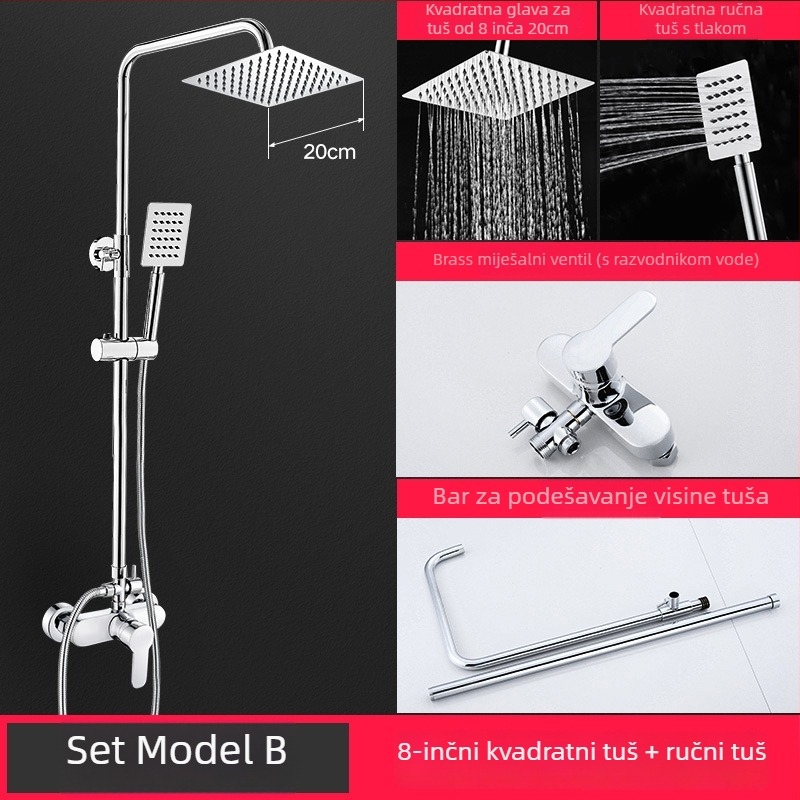 Tuš set od mjedi, zidna montaža, četvrtastog oblika gornjeg mlaza, elektroplatirani završni sloj, dvostruka kontrola toplu i hladnu vode, model LD-SH0030