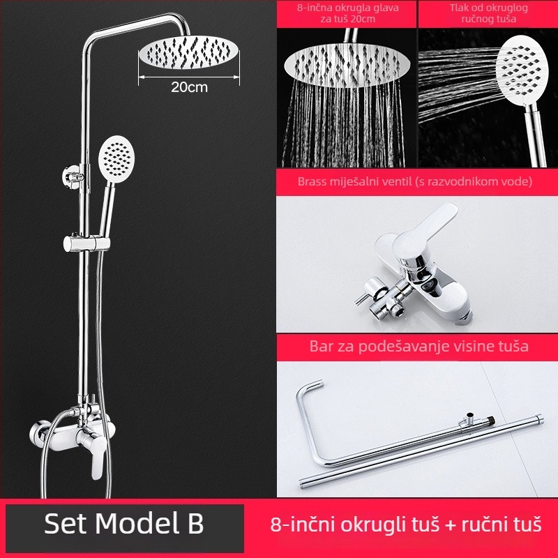 Tuš set od mjedi, zidna montaža, četvrtastog oblika gornjeg mlaza, elektroplatirani završni sloj, dvostruka kontrola toplu i hladnu vode, model LD-SH0030