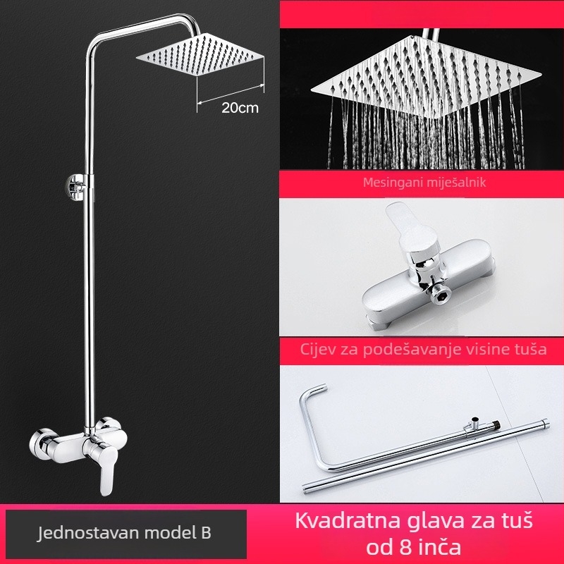 Tuš set od mjedi, zidna montaža, četvrtastog oblika gornjeg mlaza, elektroplatirani završni sloj, dvostruka kontrola toplu i hladnu vode, model LD-SH0030
