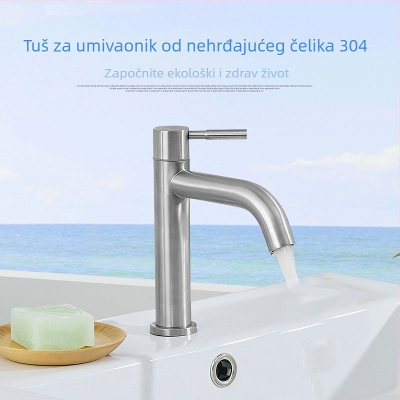 Kran za umivaonik u kupaonici, hladna voda, 304 nehrđajući čelik, crna, visok profil, montaža na jedan otvor