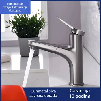 Miješani slavina za umivaonik s povlačnim izlazom, bakar, model SHJD006, 0–100°C, nominalni tlak 40, keramički jezgrni ventil, elektroplatinirani završni sloj