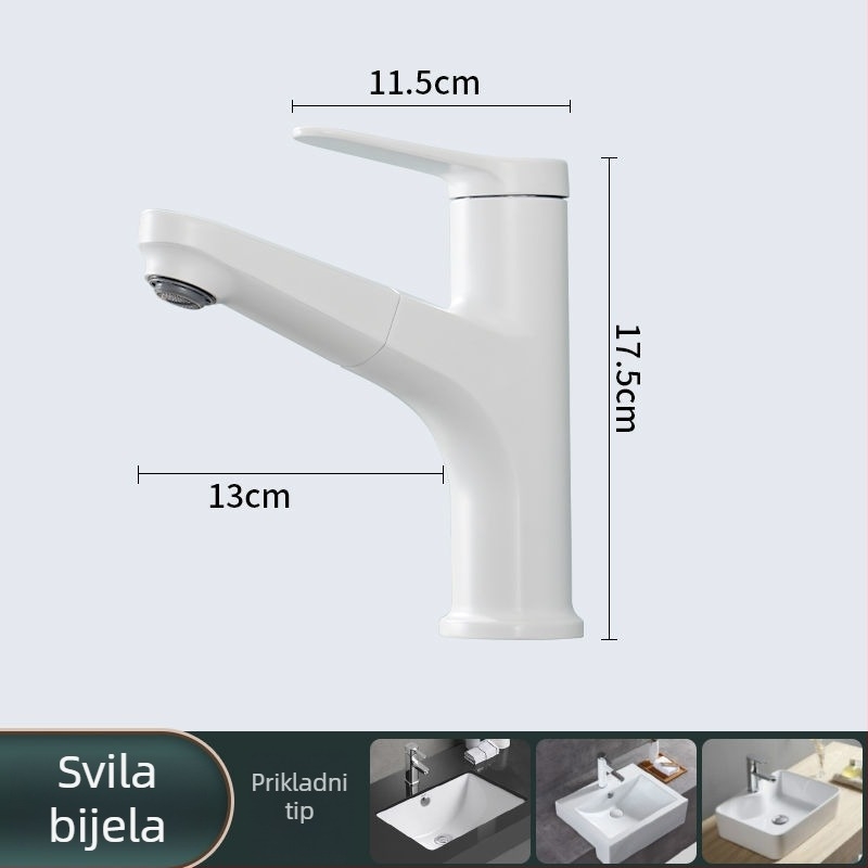 Miješani slavina za umivaonik s povlačnim izlazom, bakar, model SHJD006, 0–100°C, nominalni tlak 40, keramički jezgrni ventil, elektroplatinirani završni sloj