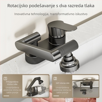 Umivaonički slavine za kupaonicu, dizajn s dvostrukim otvorom, 360° rotacija, podizno upravljanje, tijelo od bakarnog legura, keramički diski ventila (Model HMP-0070)