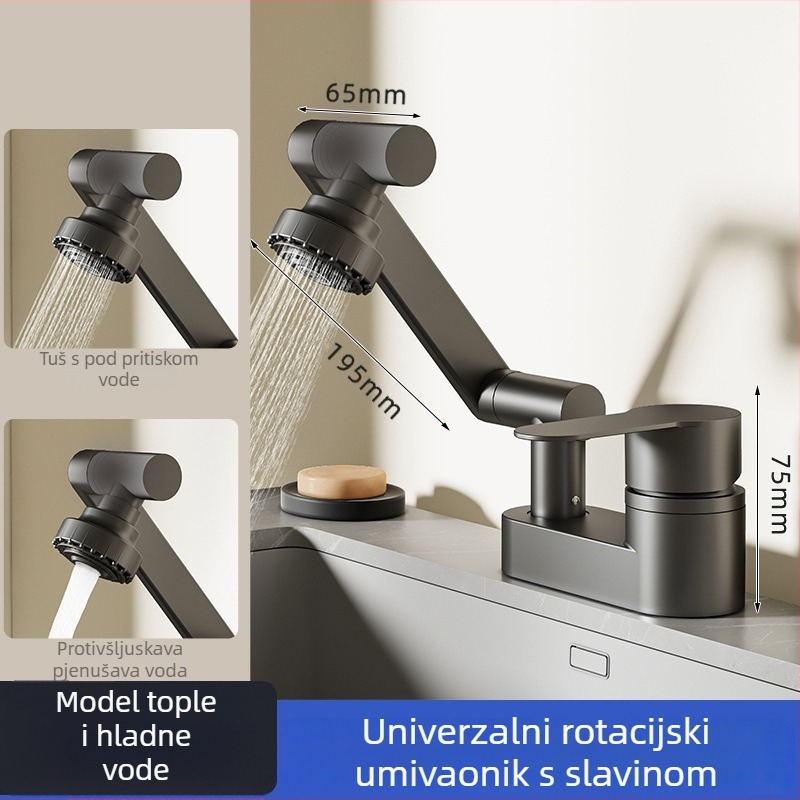 Umivaonički slavine za kupaonicu, dizajn s dvostrukim otvorom, 360° rotacija, podizno upravljanje, tijelo od bakarnog legura, keramički diski ventila (Model HMP-0070)