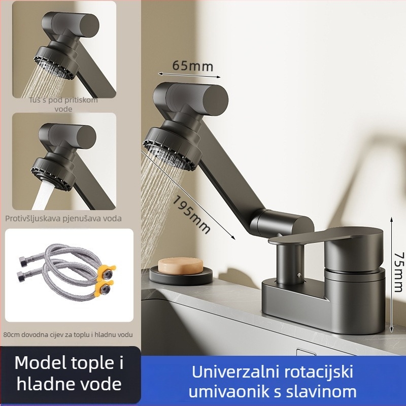 Umivaonički slavine za kupaonicu, dizajn s dvostrukim otvorom, 360° rotacija, podizno upravljanje, tijelo od bakarnog legura, keramički diski ventila (Model HMP-0070)