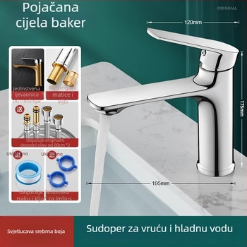Slavina za umivaonik – cijeli bakar, keramički disk ventil, 0-90°C, 0.1-0.9 MPa, vertikalna montaža, elektroplatinirani završni sloj