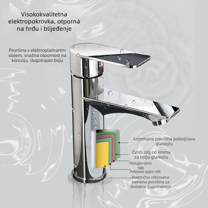 Slavina za umivaonik – cijeli bakar, keramički disk ventil, 0-90°C, 0.1-0.9 MPa, vertikalna montaža, elektroplatinirani završni sloj