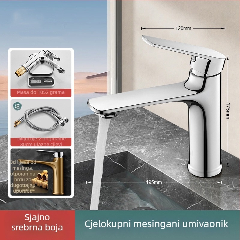 Slavina za umivaonik – cijeli bakar, keramički disk ventil, 0-90°C, 0.1-0.9 MPa, vertikalna montaža, elektroplatinirani završni sloj