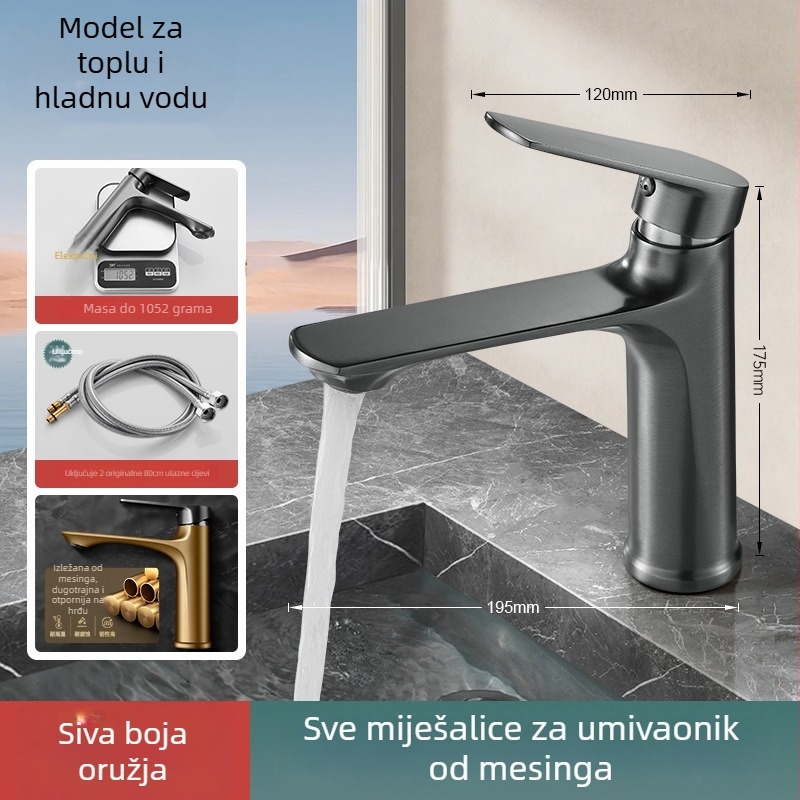 Slavina za umivaonik – cijeli bakar, keramički disk ventil, 0-90°C, 0.1-0.9 MPa, vertikalna montaža, elektroplatinirani završni sloj