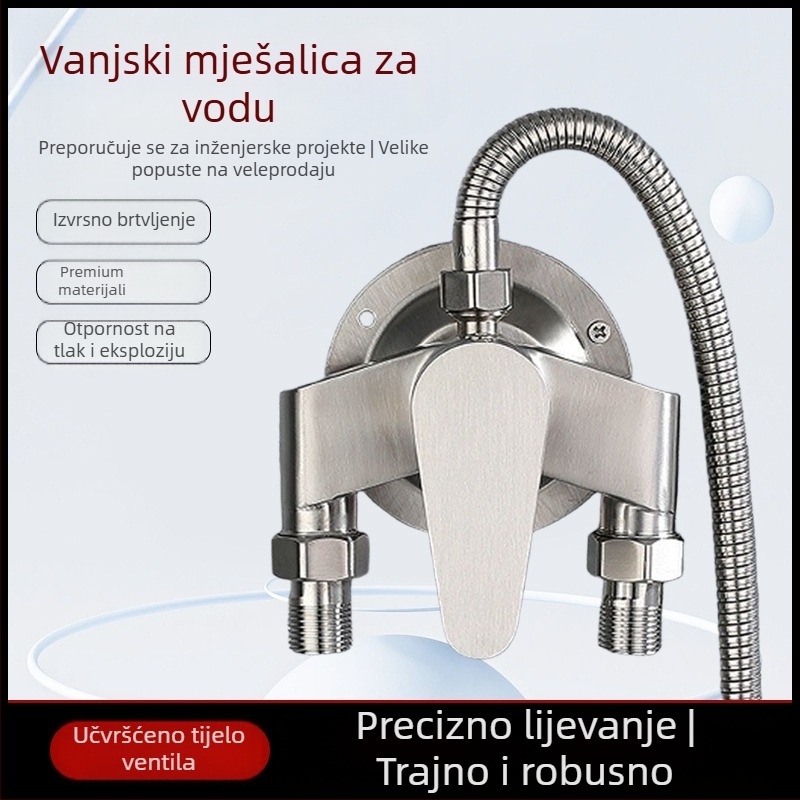 Nehrđajući čelični tuš miješivač s otvorenom ugradnjom, keramički disk ventila, 0-100°C, 1.6 MPa, navojni priključci