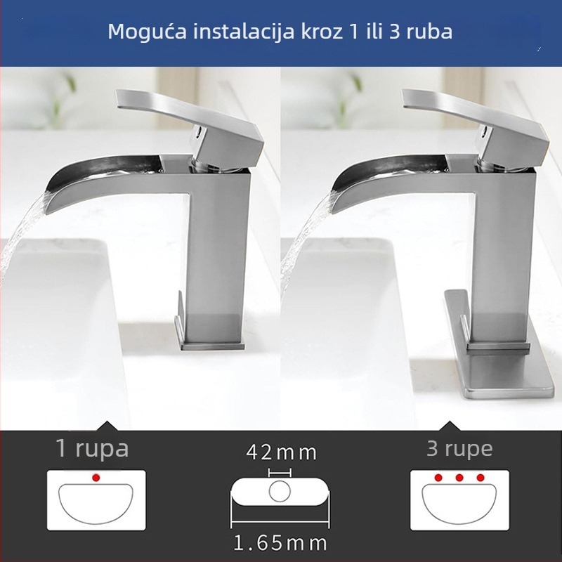 Kaskadni umivaonski faucet, nehrđajući čelik, keramički patron, jednom rukom, ugradnja ispod umivaona, 0-90°C