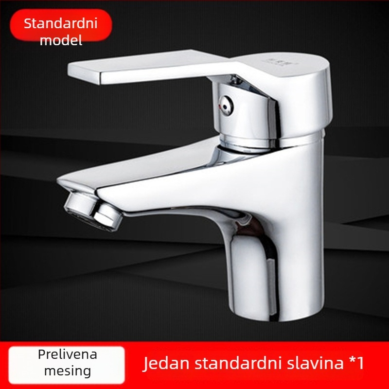 Bakrena slavina za kupaonicu za umivaonik s jednim otvorom, toplom i hladnom vodom, model 102, keramički disk ventil, vertikalna ugradnja, elektroplatirani završetak