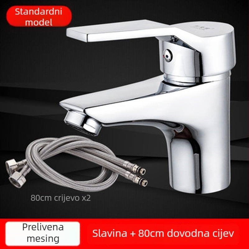 Bakrena slavina za kupaonicu za umivaonik s jednim otvorom, toplom i hladnom vodom, model 102, keramički disk ventil, vertikalna ugradnja, elektroplatirani završetak