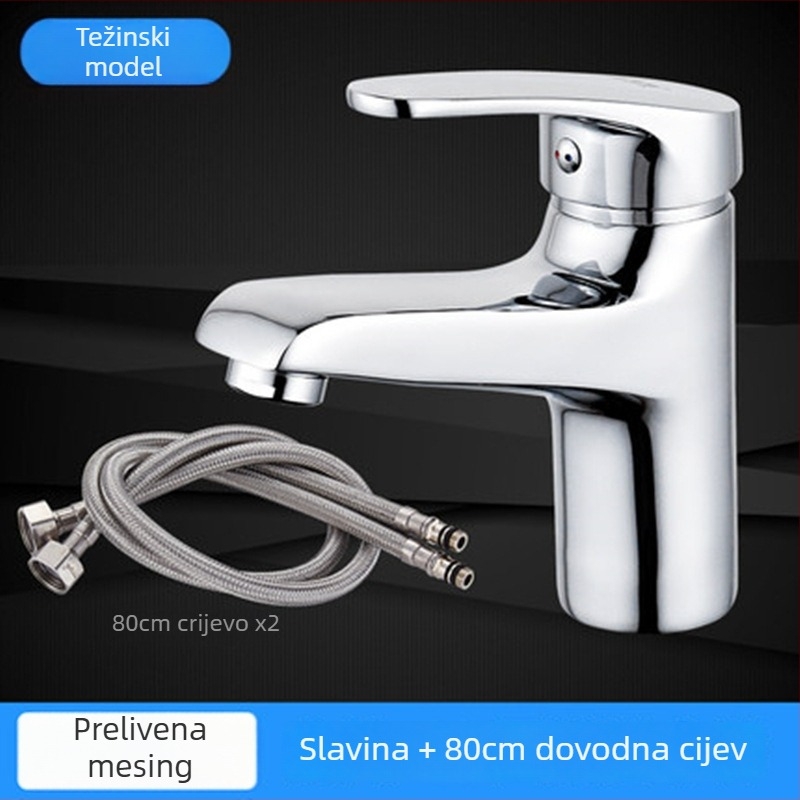 Bakrena slavina za kupaonicu za umivaonik s jednim otvorom, toplom i hladnom vodom, model 102, keramički disk ventil, vertikalna ugradnja, elektroplatirani završetak