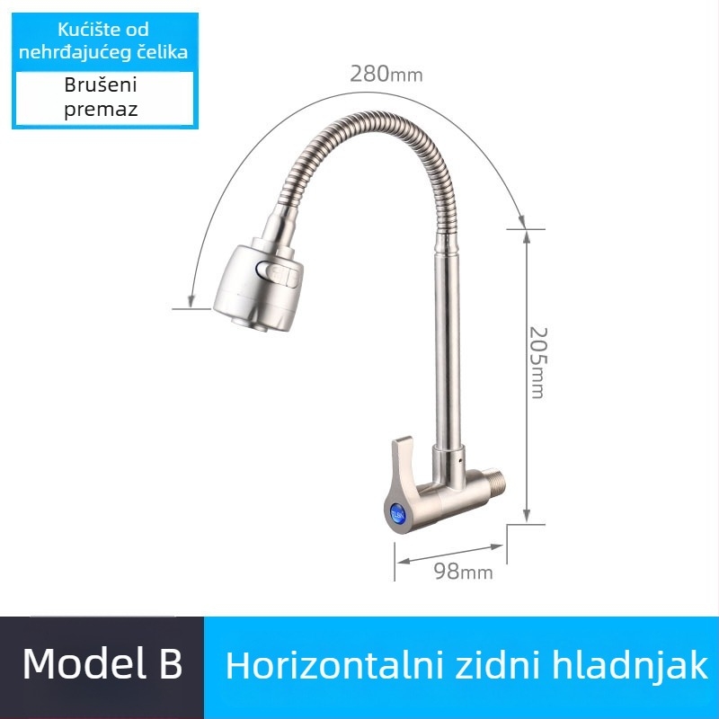 Kuhinjski slavine s ugrađenim u zid, zidna montaža, samo hladna voda, okretna glavica raspršivača, nehrđajući čelik, keramički disk ventil