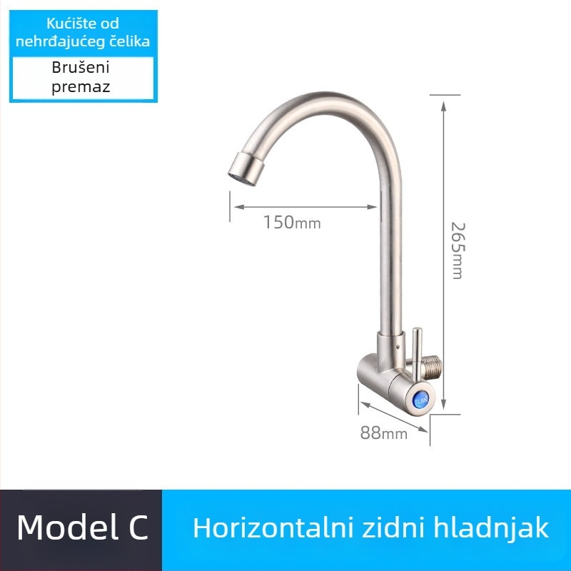 Kuhinjski slavine s ugrađenim u zid, zidna montaža, samo hladna voda, okretna glavica raspršivača, nehrđajući čelik, keramički disk ventil