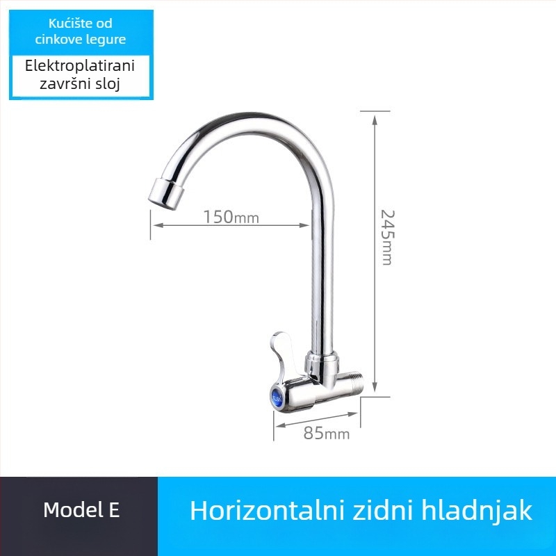 Kuhinjski slavine s ugrađenim u zid, zidna montaža, samo hladna voda, okretna glavica raspršivača, nehrđajući čelik, keramički disk ventil