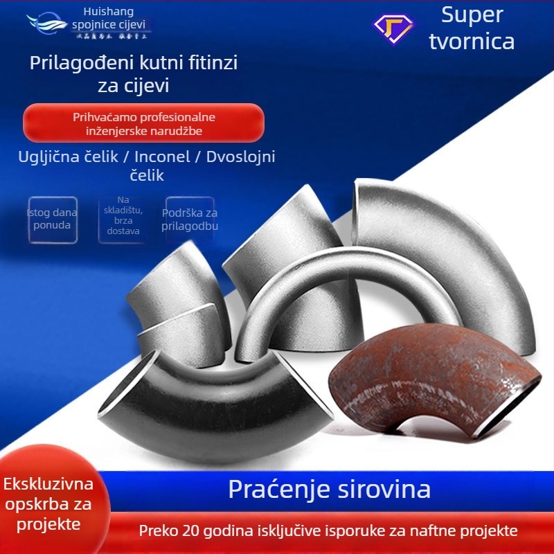 Cijevni zavoj 90° s dugim radijusom, zavareni spoj butt weld, DN15-DN325, materijali: ugljični čelik, nehrđajući čelik, legirani čelik, duplex čelik