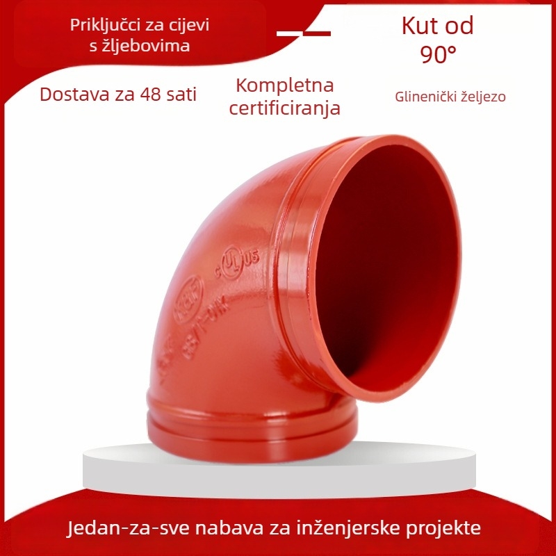 90° kutni spoj za cijevi s grooved clamp tipom, duktilno željezo; promjer 60.3–323.9 mm; model XGQT02; standard GB5135.11-2006; otporan na koroziju i visok tlak