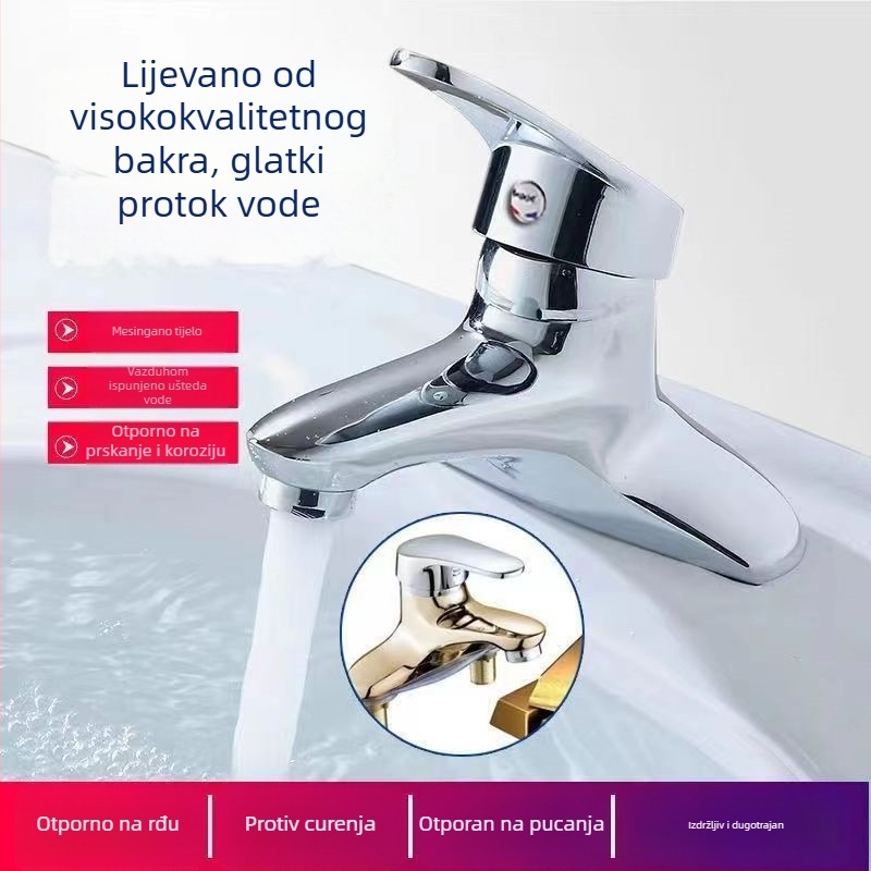 Slavina za umivaonik od bakrene legure, dvodijelna konstrukcija, miješanje tople i hladne vode, keramički disk ventil, promjer sjedala ventila 100 mm, elektroplatirani završni sloj
