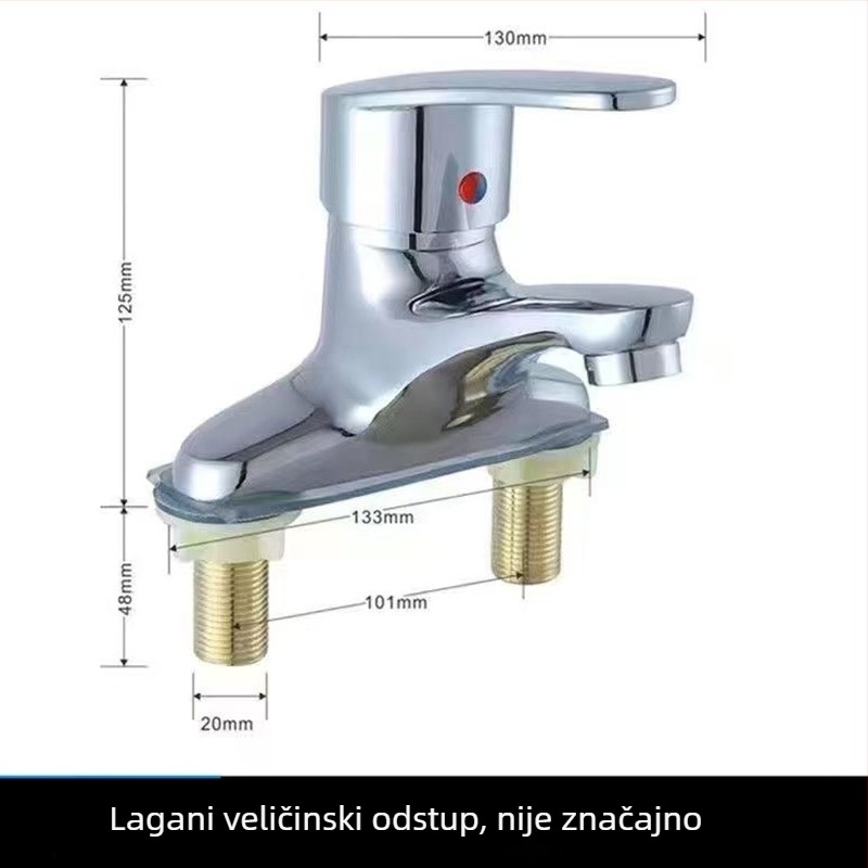 Slavina za umivaonik od bakrene legure, dvodijelna konstrukcija, miješanje tople i hladne vode, keramički disk ventil, promjer sjedala ventila 100 mm, elektroplatirani završni sloj