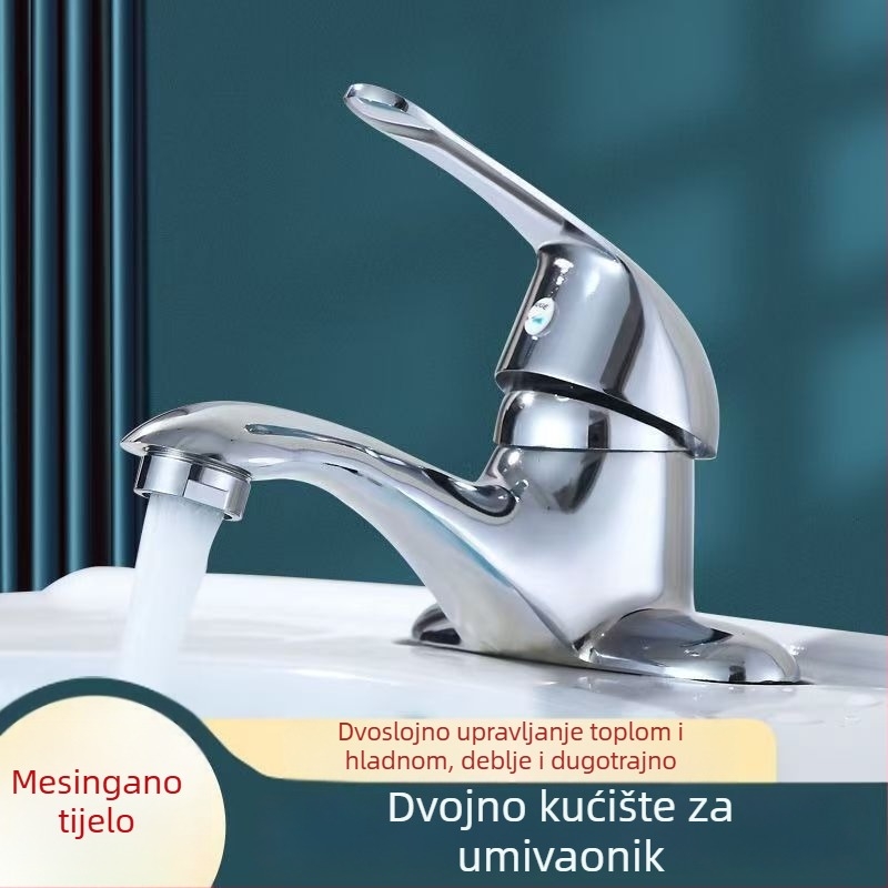 Slavina za umivaonik od bakrene legure, dvodijelna konstrukcija, miješanje tople i hladne vode, keramički disk ventil, promjer sjedala ventila 100 mm, elektroplatirani završni sloj