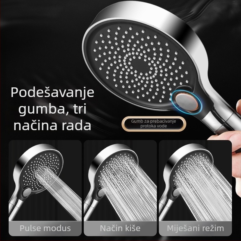 Tuš glava, ABS, zidni nastavak, okrugli oblik, elektroplatirani premaz, 3 načina: prskanje, masaža, kiša