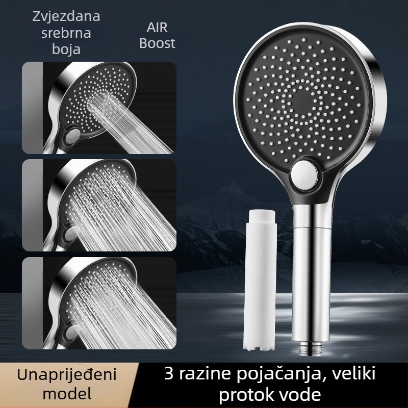 Tuš glava, ABS, zidni nastavak, okrugli oblik, elektroplatirani premaz, 3 načina: prskanje, masaža, kiša