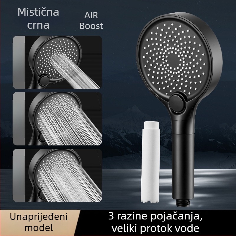 Tuš glava, ABS, zidni nastavak, okrugli oblik, elektroplatirani premaz, 3 načina: prskanje, masaža, kiša