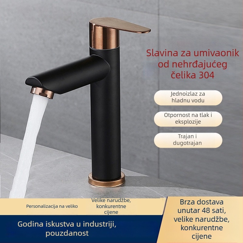 Kupaonski slavina za umivaonik od nehrđajućeg čelika 304, model DBER-1105, radna temperatura 0–90°C, nazivni tlak 0,8–1,6 MPa, vertikalna ugradnja