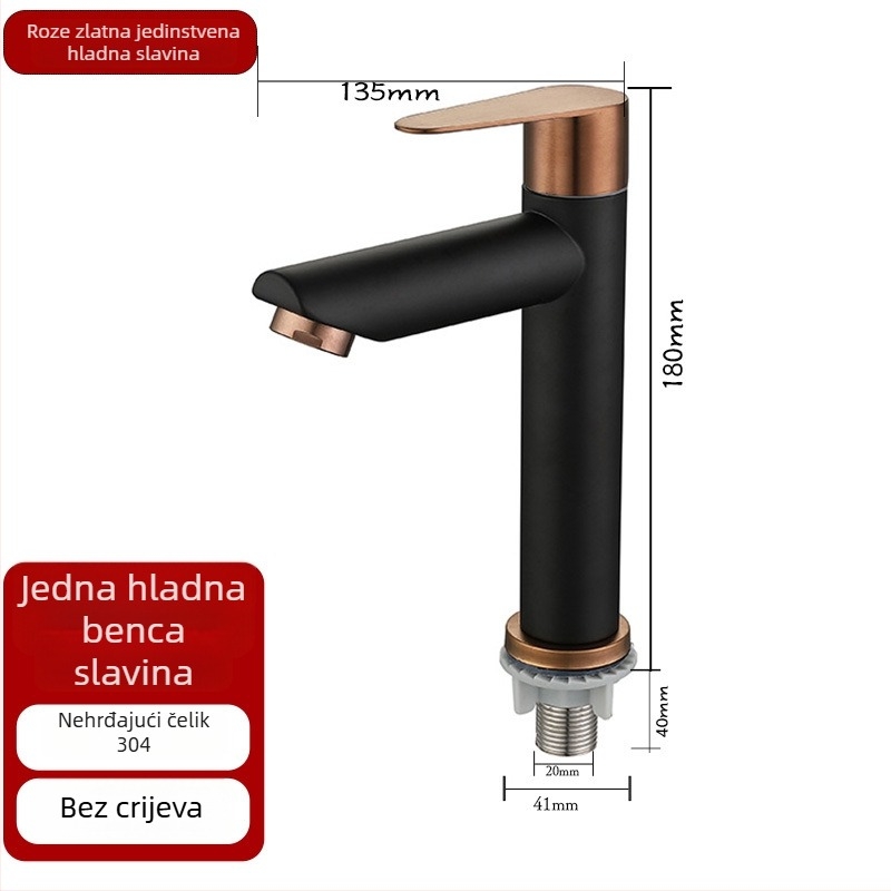Kupaonski slavina za umivaonik od nehrđajućeg čelika 304, model DBER-1105, radna temperatura 0–90°C, nazivni tlak 0,8–1,6 MPa, vertikalna ugradnja