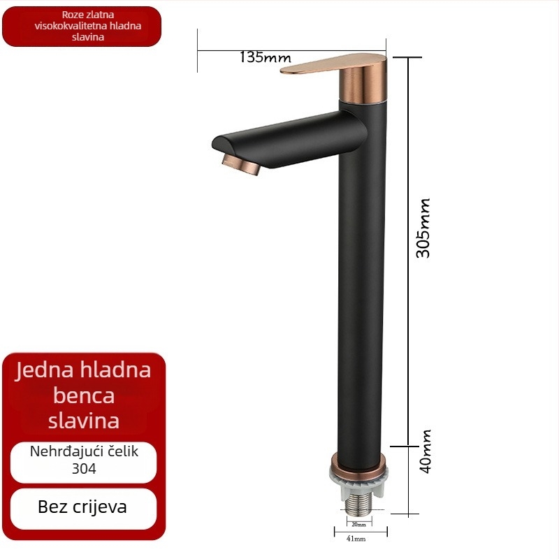 Kupaonski slavina za umivaonik od nehrđajućeg čelika 304, model DBER-1105, radna temperatura 0–90°C, nazivni tlak 0,8–1,6 MPa, vertikalna ugradnja