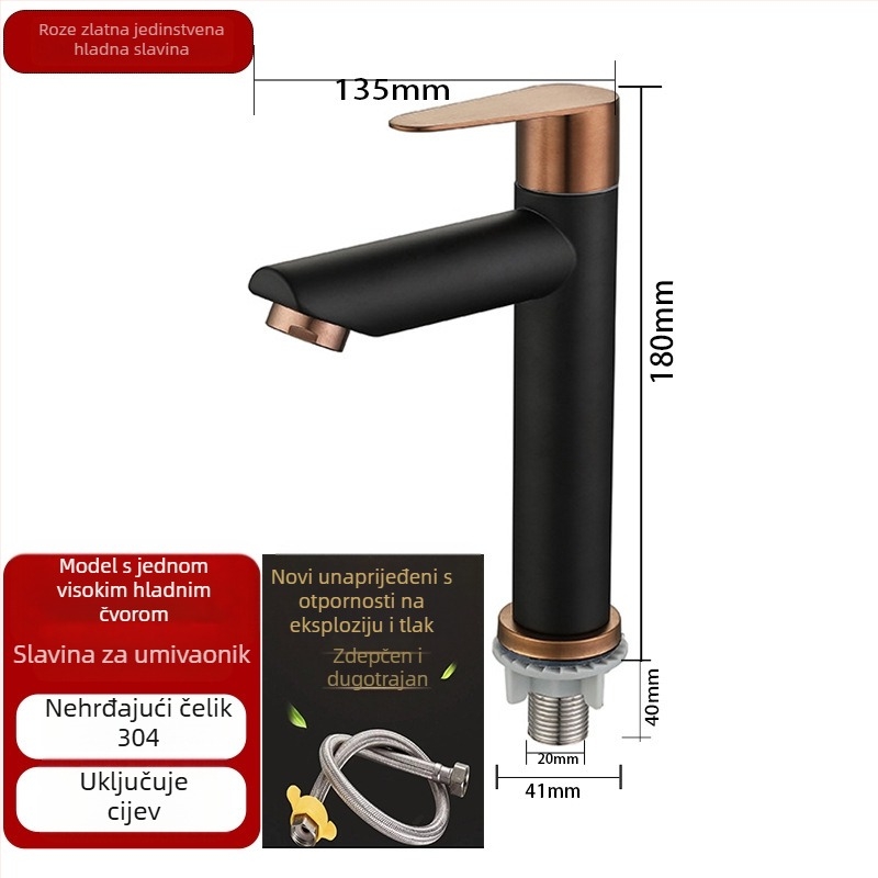 Kupaonski slavina za umivaonik od nehrđajućeg čelika 304, model DBER-1105, radna temperatura 0–90°C, nazivni tlak 0,8–1,6 MPa, vertikalna ugradnja