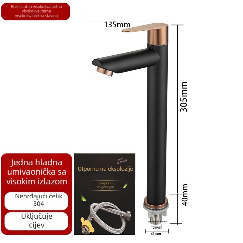 Kupaonski slavina za umivaonik od nehrđajućeg čelika 304, model DBER-1105, radna temperatura 0–90°C, nazivni tlak 0,8–1,6 MPa, vertikalna ugradnja